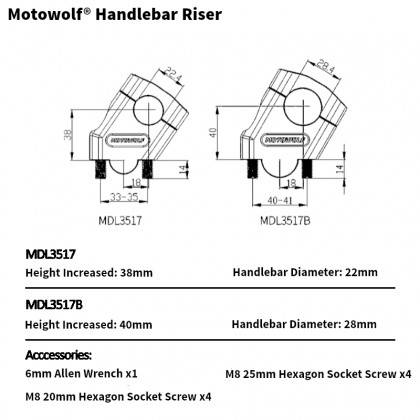 Motowolf Bar Riser MDL3517 Universal Alloy 22mm