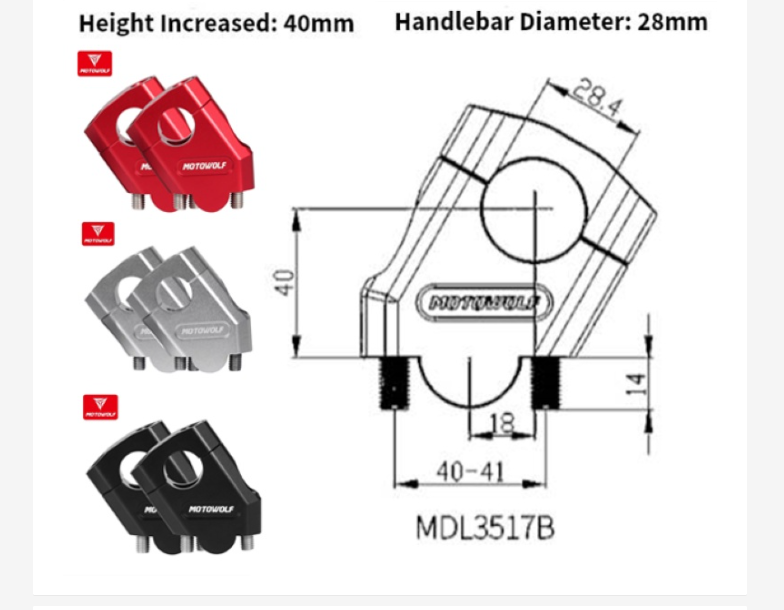 Motowolf Motorcycle Handlebar Riser - MDL3517B Universal Alloy 28mm